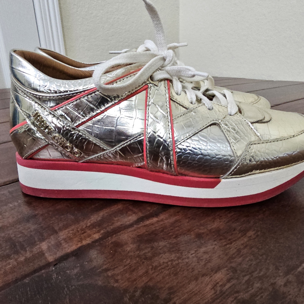 JIMMY CHOO LONDON GOLD MIRROR SNAKE LOGO TRAINERS SNEAKERS 37